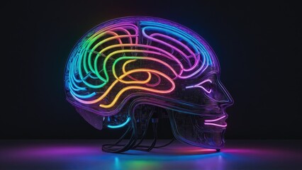 AI generated illustration of a cybernetic skull with neon-brain