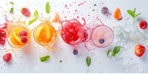 glasses of fresh juice with fruits on white background - obrazy, fototapety, plakaty