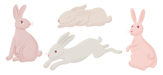 Set of cartoon bunnies or rabbits. Running hare, sitting, sleeping. Watercolor. Printing on children's T-shirts, greeting cards, posters. Hand drawn vector illustration on white background