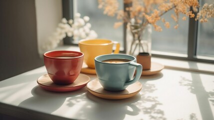 AI generated illustration of a table with three mugs of coffee at bright sunlight