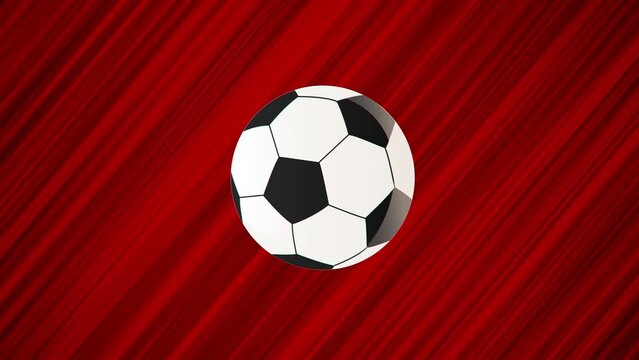Flying soccer ball on red background. Looped animation of throwing a ball. Moving football on dynamic abstract background. Animated football ball in motion. Anime style drawing with action effect.