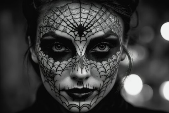 An AI illustration of black and white photograph of a girl with makeup on with spider web