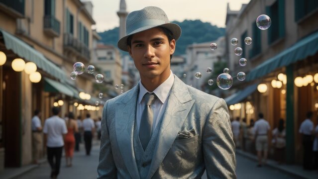 AI illustration of a portrait of a young man wearing a suit and a hat.