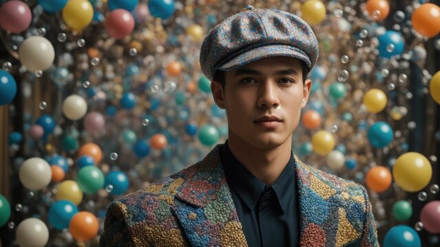 a man in a multicolored jacket, shirt and hat is posing against a
