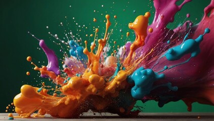 Abstract sculptures made from colorful splashes of paint. Dancing liquid on a green background. - obrazy, fototapety, plakaty
