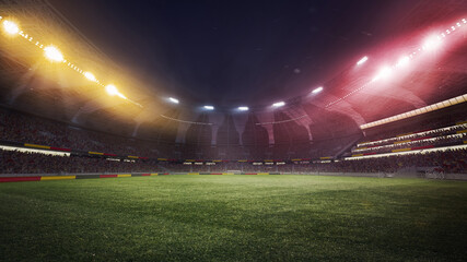 Empty soccer stadium with spotlight and fan tribune with Germany flag attributes. 3D render. German football team. Concept of live sport events, tournament, championship, game - obrazy, fototapety, plakaty