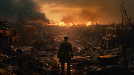 Soldier standing in the ruins of a devastated village, AI-generated.