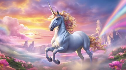 Obraz na płótnie Canvas Majestic white unicorn surrounded by colorful flowers, AI-generated.