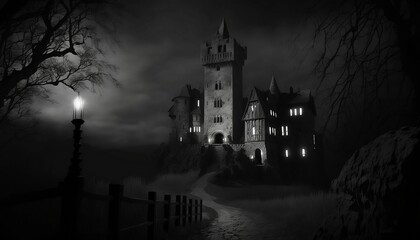 AI generated illustration of a majestic castle situated atop a hillside at dim night - obrazy, fototapety, plakaty