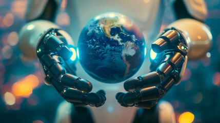 Robotic hands with glowing joints cradle detailed Earth in warm, bokeh-lit environment, symbolizing technological harmony with the planet