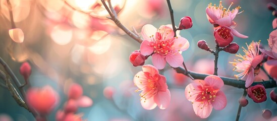 A macro photography image capturing the delicate pink petals of a cherry blossom tree branch,...