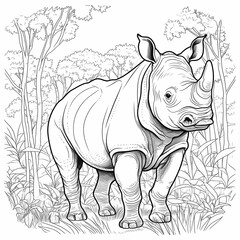 Fototapeta premium AI generated illustration of a black and white coloring book page of a rhino in a forest