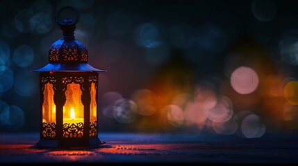 Traditional Arabic lantern lit up for celebrating holy month of Ramadan. Bokeh lights surrounding Ramadan concept