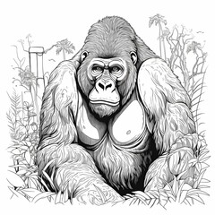 AI generated illustration of a black and white coloring book page of a gorilla in a forest