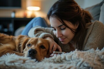 Young beautiful hispanic woman using smartphone lying on sofa with dog at home