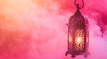 Ornamental wooden Ramadan Kareem lantern lamp on pink background with smoke.