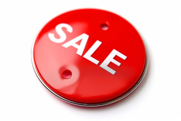 a vibrant red button with the word sale isolated on a bright white background signifying a promotional event