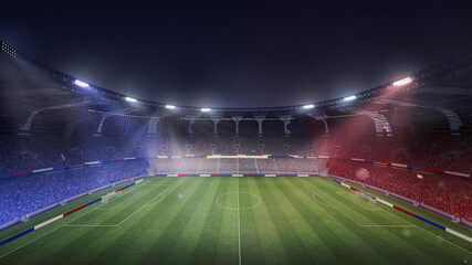 Aerial view of empty soccer field with spotlight and fan tribune with France attributes. 3D render....