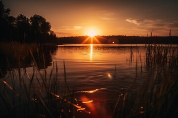 AI generated illustration of a beautiful sunset over a tranquil lake with reeds and grass