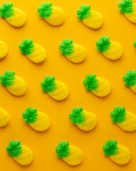 Assortment of colorful pineapple gummies arranged on a bright yellow background