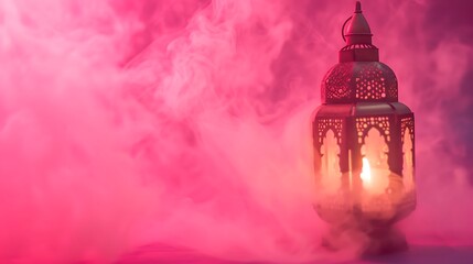 Ornamental wooden Ramadan Kareem lantern lamp on pink background with smoke.