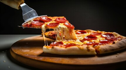 AI-generated illustration of a spatula taking a slice of pepperoni pizza.