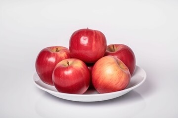 AI generated illustration of a plate of bright, red apples resting on a white plate