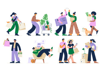 Set of different customers. People make purchases at stores. People shopping online on the phone and in the metaverse. Vector flat illustrations on a white background.
