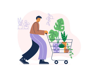 A young man holding a shopping trolley. Buying plants and trees for home or garden. Vector flat illustration on a white background.