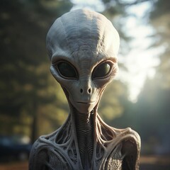 an alien with large, almond-shaped eyes, looking apprehensively at the camera
