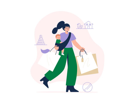 A young mother with a little child and shopping bags in her hands. Buying baby supplies and toys. Vector flat illustration on a white background.
