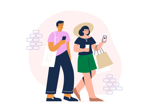 A modern couple makes online orders on the phone. Easy and quick online shopping. Vector flat illustration on a white background.