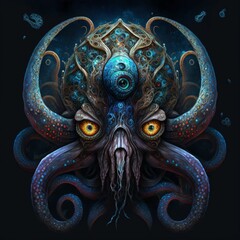 AI generated illustration of a giant octopus with a human face and protruding tentacles