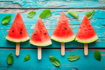 Summer Watermelon slice popsicles on blue wooden table. Top view