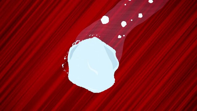 Flying snowball on red background. Looped animation of throwing snow. Moving spherical object on abstract background. Animated snowballs in motion. Anime style drawing of snow balls. Snowball fights.