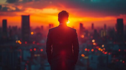 Fototapeta premium Silhouette of a businessman against the background of the setting sun and the city