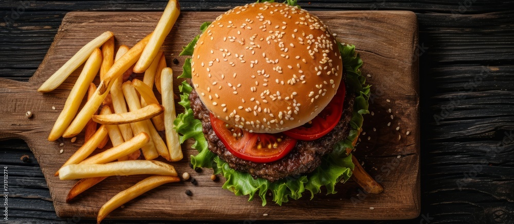 Wall mural Top view of a homemade hamburger on a cutting board with beef, tomato, lettuce, cheese, and fries.