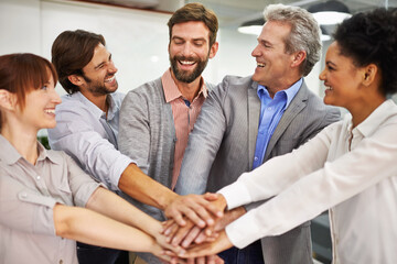 Collaboration, smile and business people with hands in huddle at office for meeting, motivation or...