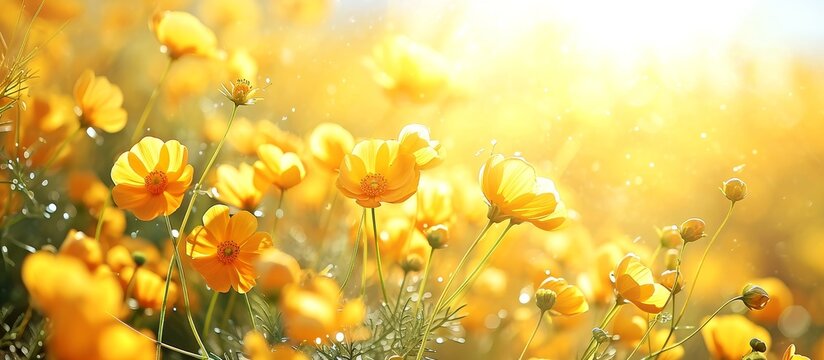 A beautiful natural landscape filled with vibrant yellow flowers, their petals glowing in the sunlight, amidst lush green grass and plants. Captured artistically through macro photography.