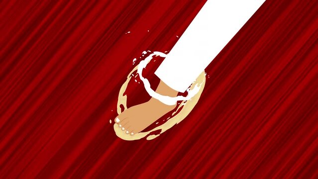 Flying foot on red background. Looped animation of low kick. Moving feet on abstract background. Animated fight in motion. Anime style drawing of leg hit with action effect. Fighting motion design.