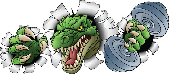 A crocodile, dinosaur or alligator lizard weight lifting trainer, exercise or body building gym cartoon sports mascot holding weights dumbbell © Christos Georghiou