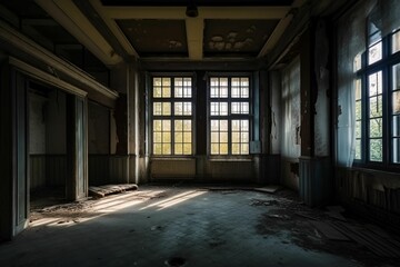 AI generated illustration of an interior of an empty room with weathered walls and big windows