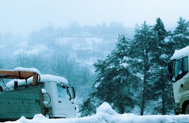 two vehicles on the side of a snowy road, surrounded by trees