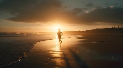 AI generated illustration of person running along the sandy beach against the sunset sky
