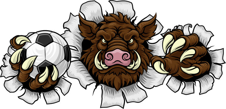 A wild boar, hog razorback warthog pig mean tough cartoon sports mascot holding a soccer football ball