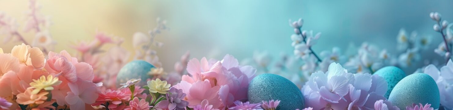 Colorful Easter eggs on a beautiful background among flowers and branches. Space for text.  Handled by human hands. Generated by AI