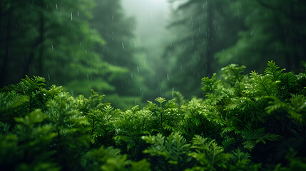 Fototapeta na wymiar A dense forest, with lush greenery as the background, during a gentle rain