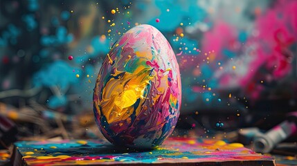 Multicolored Easter eggs painted with bright colors and splatters. Processed by human hands. Generated by AI