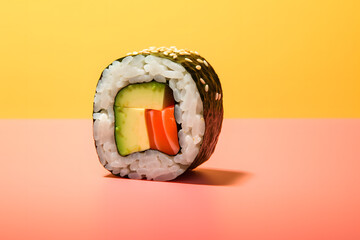 Single maki sushi roll with rice, salmon fish, avocado and nori leaf.