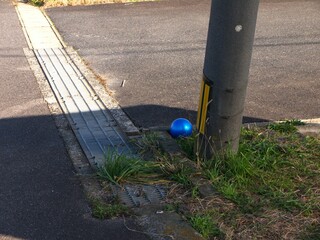 道路に落ちた青いカラーボール